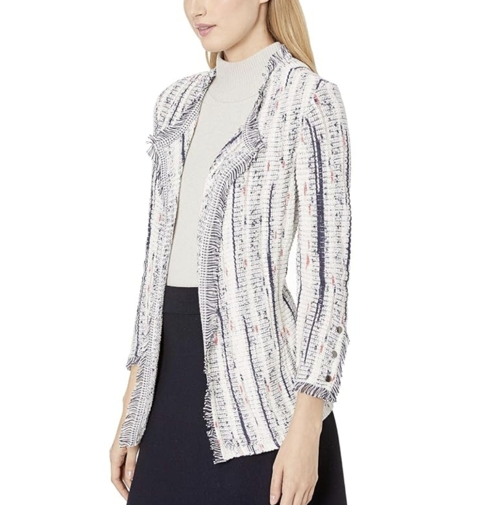 Nic + Zoe Harmony Fringe Trim Jacket Size‎ L Cotton Blend Open Front Blazer